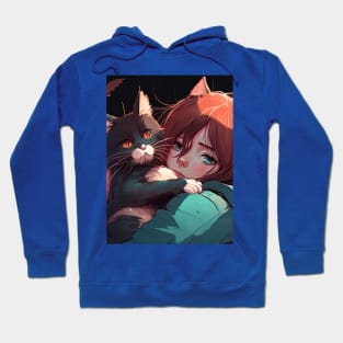 2d illustration of woman hugs her cat in anime style Hoodie